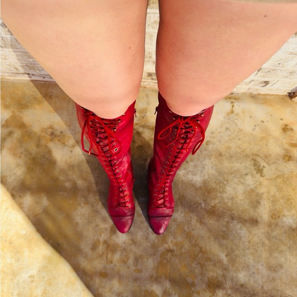 Jeffrey Campbell Sz 9 Red Free People Joe 2 Tall Lace Up Boots 100% Lambs Leathe - Picture 8 of 16